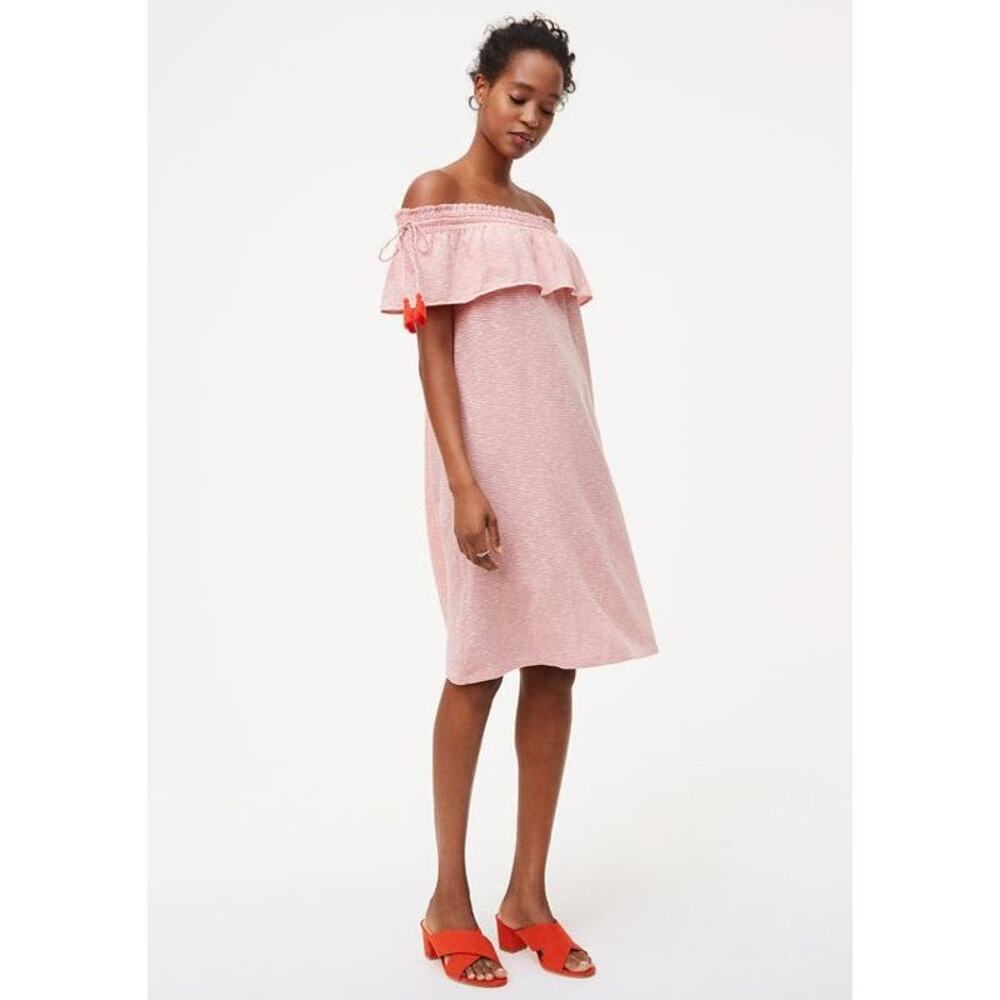 LOFT Midi Dress Striped Off-Shoulder Tassels Orange-Red & White  NWT